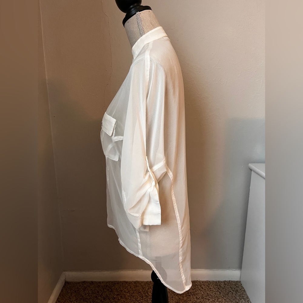 Double Zero Sheer White Button Down Top Size Small - Picture 8 of 14